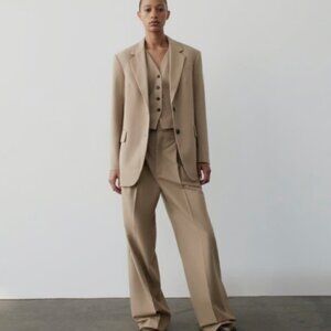 Zara Beige Pleated High Rise Wide Leg Palazzo Pants Trousers Size S